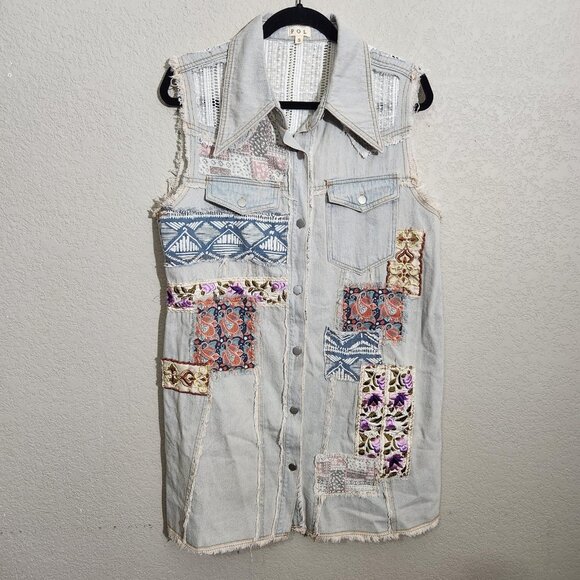 POL Vest Womens Small Blue Denim Patchwork Embroidered Boho Sleeveless Jacket - Picture 1 of 12